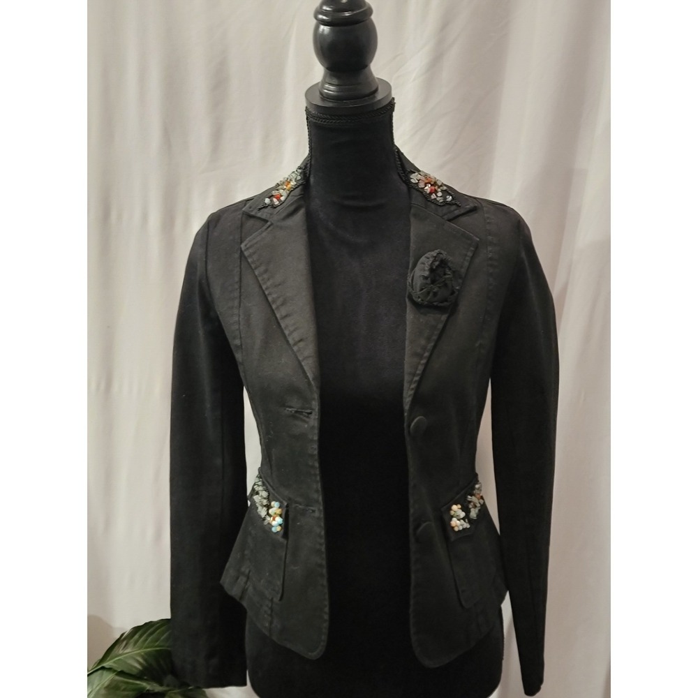 Zoompy Vintage Black Embellished Blazer Jacket Small Floral‎ Beaded Rosette